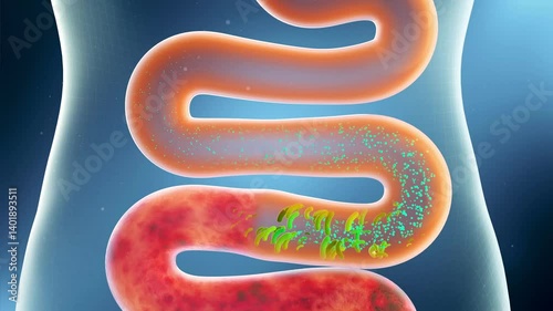 Probiotics clean up stool, promote intestinal peristalsis, activate intestinal motility, and remove toxins. Intestinal and digestive system health concept, 3D animation.