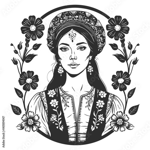 Ukrainian woman in traditional embroidered attire with headscarf, cultural identity and national pride sketch engraving. 