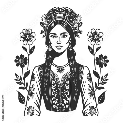 Ukrainian woman in traditional embroidered attire with headscarf, cultural identity and national pride sketch engraving. 