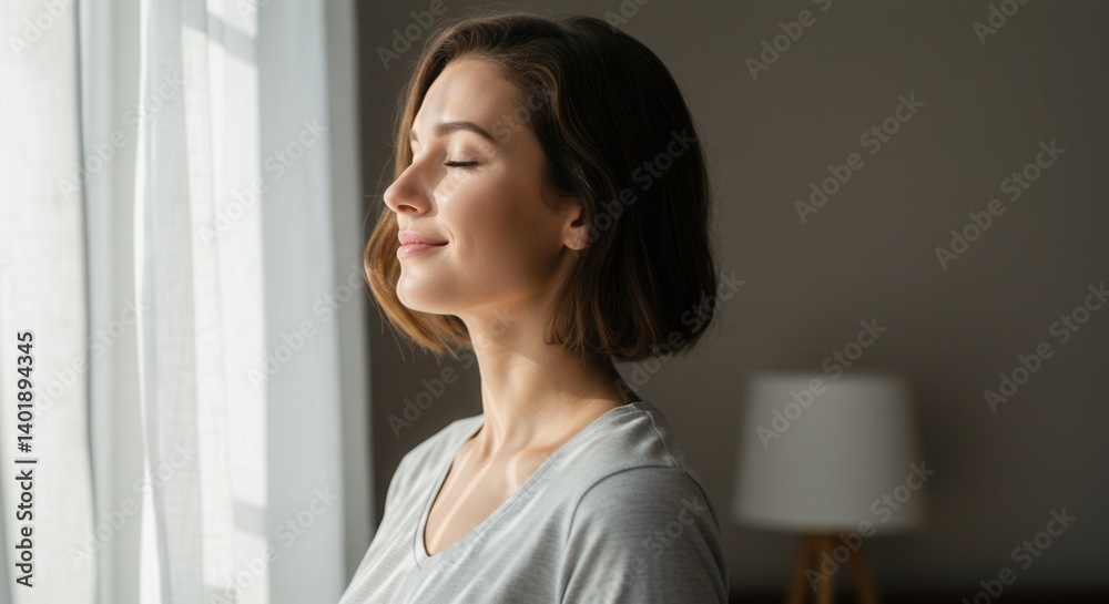 Serene woman in sunlight takes a deep breath for relaxation indoors Serene woman in sunlight takes a deep breath for relaxation indoors