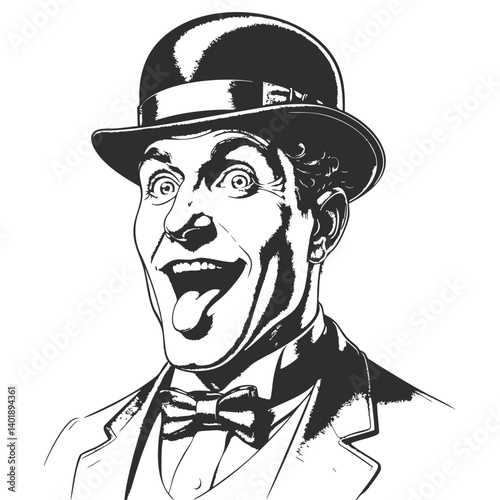Man in a bow tie and bowler hat playfully sticking out his tongue. Imitation of scratchboard engraving.