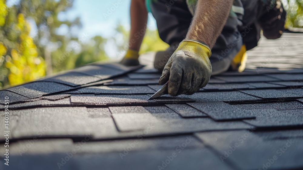 Roofing worker replacing damaged shingles on a roof. Featuring skill and safety Roofing worker replacing damaged shingles on a roof. Featuring skill and safety
