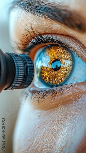 Close-up of a golden eye looking through an optical device. Detailed iris and skin texture
