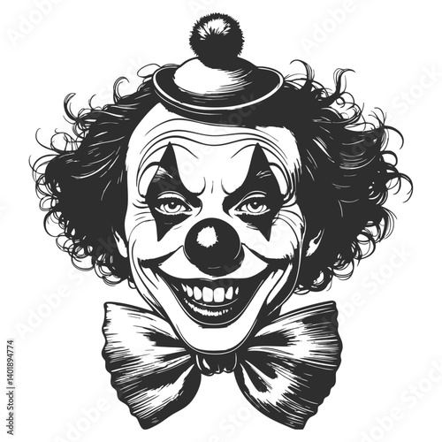 Clown face with curly hair, exaggerated makeup, and a ruffled collar in retro engraving style. vintage artistic style sketch engraving illustration.