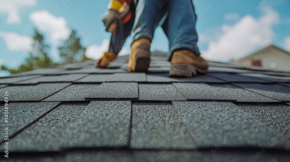 Roofing worker sealing a roof against leaks. Featuring expertise and safety Roofing worker sealing a roof against leaks. Featuring expertise and safety