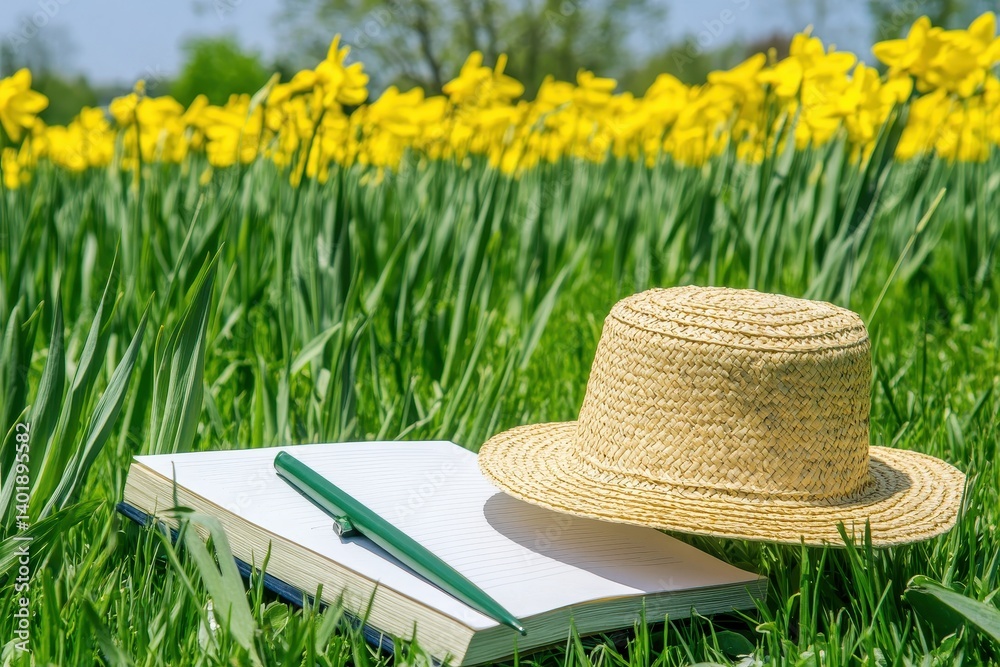 Fototapeta premium Open book, straw hat, daffodils