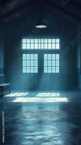 Industrial interior with a window letting light in, showing a concrete floor and bench