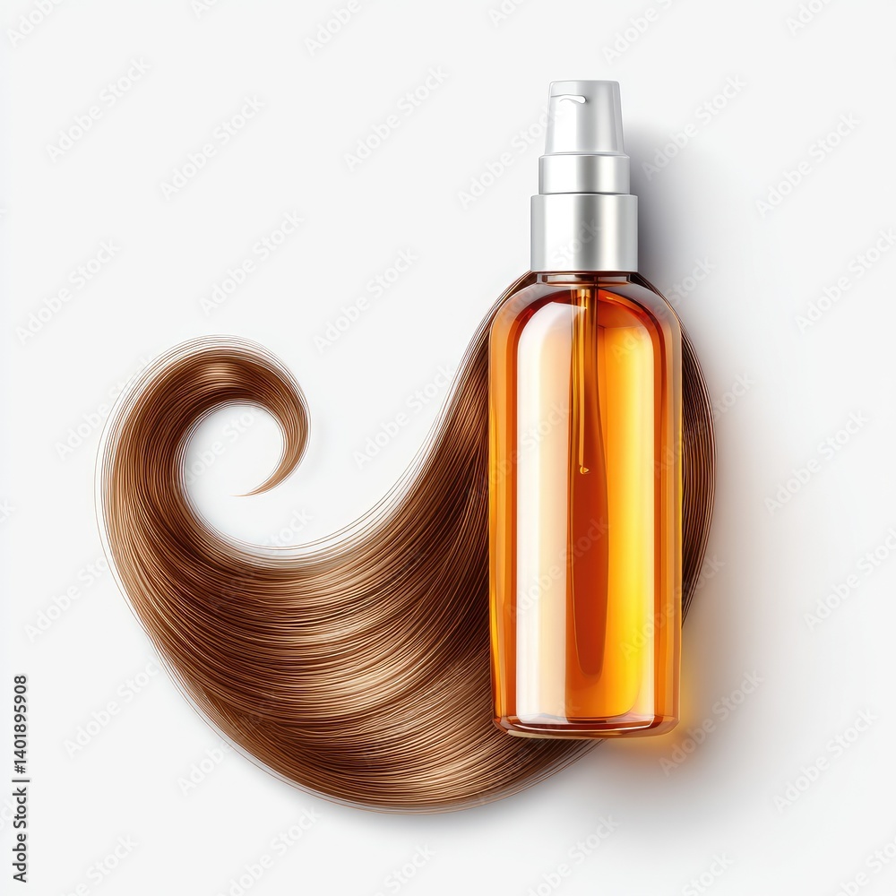 Naklejka premium Healthy hair serum. A bottle of hair oil sits beside a flowing strand of brown hair