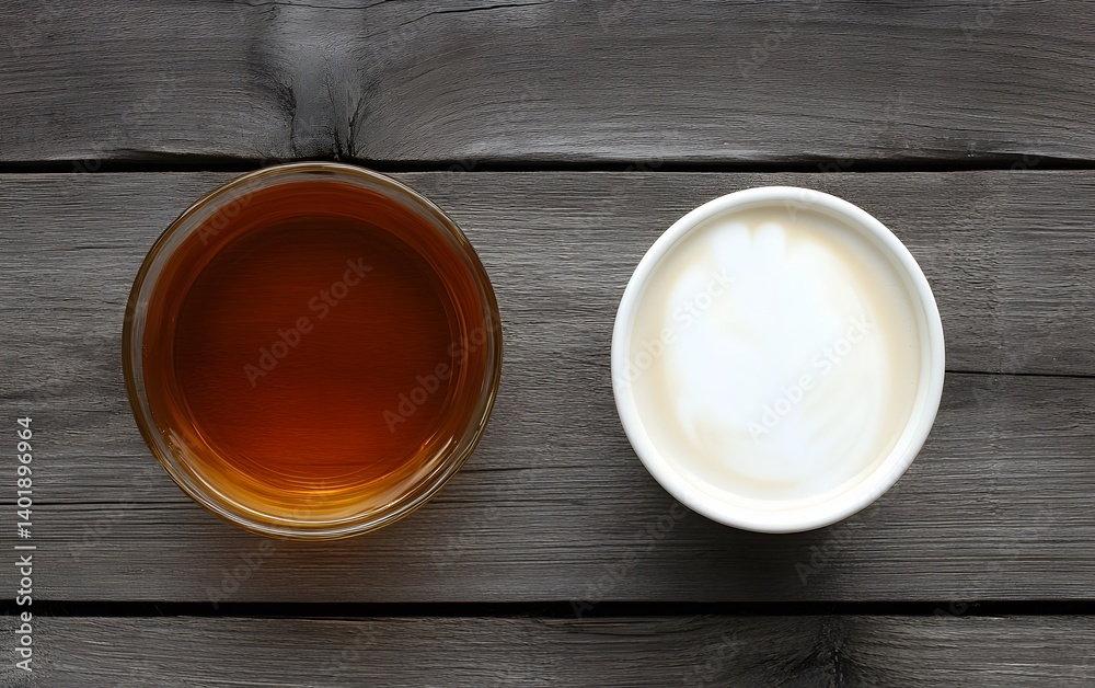 Overhead View of Tea and Latte on Rustic Wood Overhead View of Tea and Latte on Rustic Wood