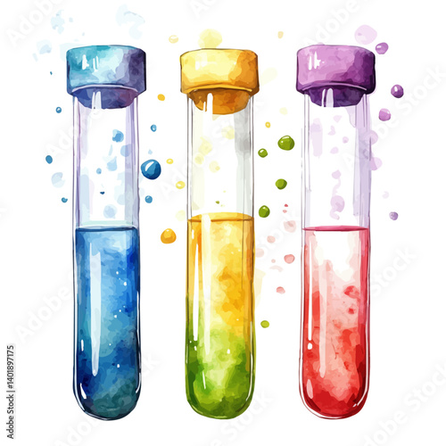 Set Of Test Tubes Filled With Colorful Liquids, vector watercolor illustration, isolated on a white background.