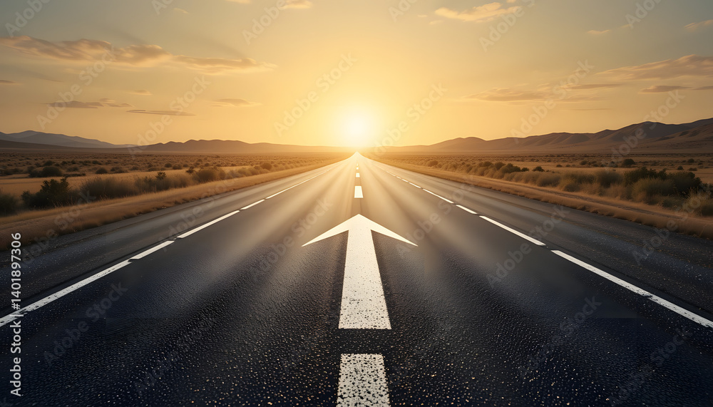 Fototapeta premium Straight Road Toward Horizon at Sunset with Arrow Symbol