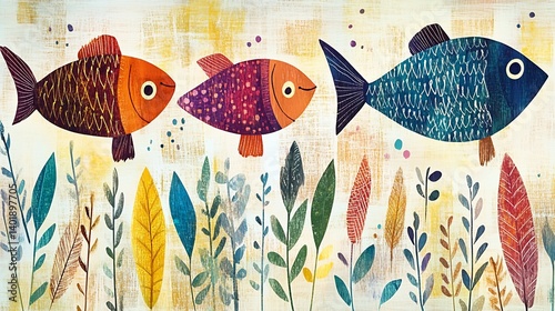 Three colorful fish swimming above sea plants, textured background, children's book illustration
