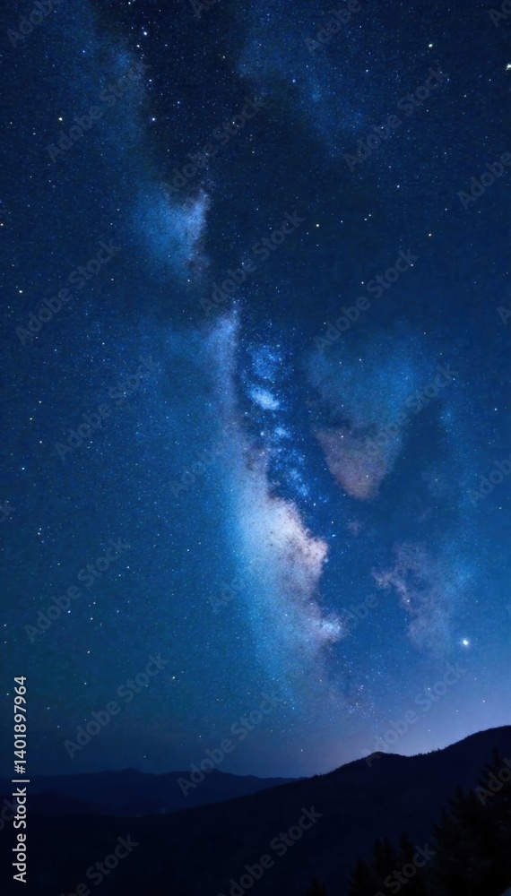 Fototapeta premium Starry night sky with Milky Way galaxy, stars and space dust in dark blue background, stardust, galaxy, milky way