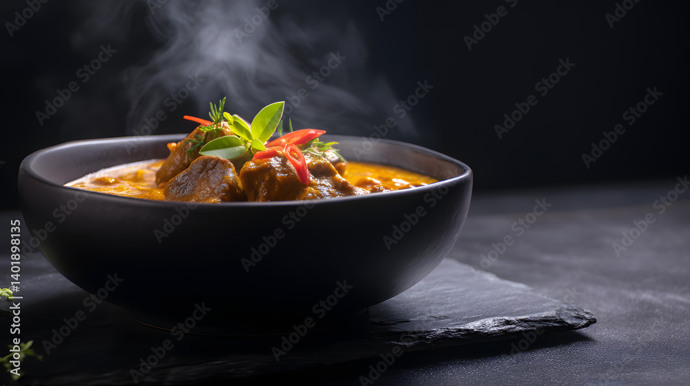 Aromatic Curry Dish Steaming in a Deep Charcoal Bowl on Dark Slate Surface with Garnish and Vapor Aromatic Curry Dish Steaming in a Deep Charcoal Bowl on Dark Slate Surface with Garnish and Vapor