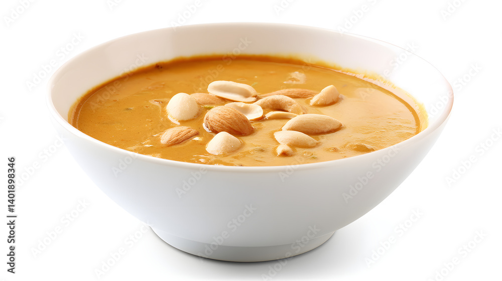 Delicious Curry Served in a White Ceramic Bowl with Almonds on Top for Appealing Presentation Delicious Curry Served in a White Ceramic Bowl with Almonds on Top for Appealing Presentation