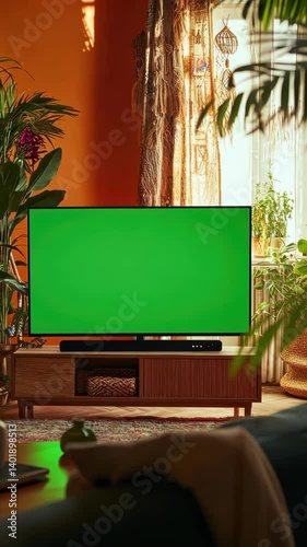 Green Screen Television in a Modern Living Room with Lush Plants