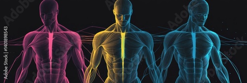 Obraz na płótnie Visual representation of muscle groups with color-coded lines on a black background in modern medical style showcasing human anatomy w salonie