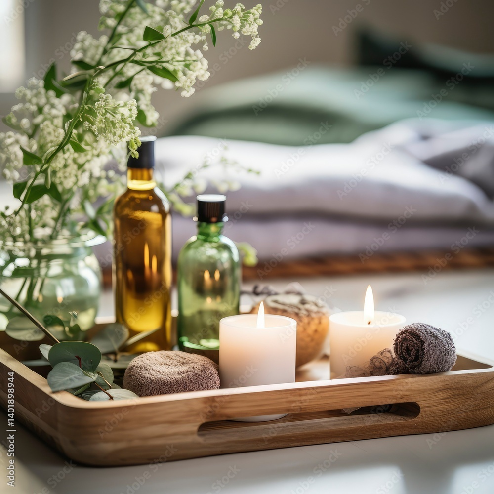 Serene Spa Setting with Essential Oils, Candles, and Flowers on Wooden Tray Serene Spa Setting with Essential Oils, Candles, and Flowers on Wooden Tray
