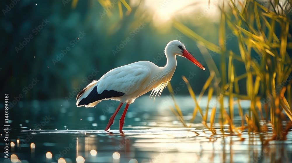 Obraz premium White stork wading in shallow water at dawn
