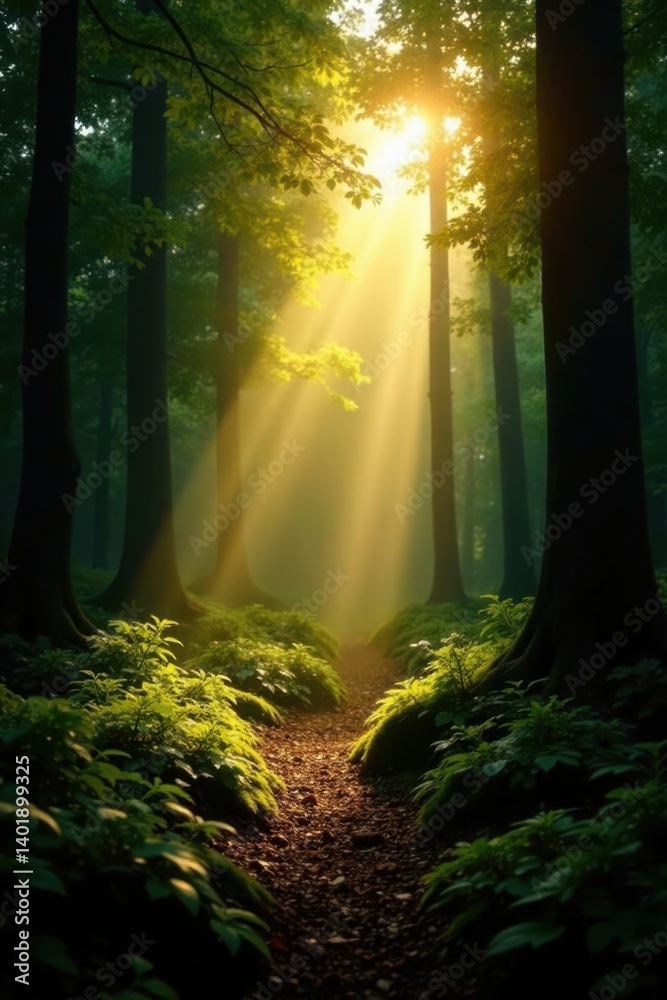 Obraz premium Warm rays of sunlight illuminate the forest's lush vegetation, sunlight filtering, trees