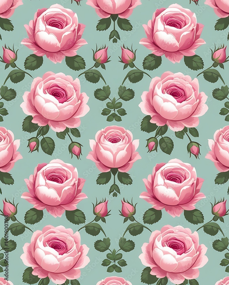 custom made wallpaper toronto digitalSeamless vintage floral pattern with blooming pink roses and green leaves on a pastel blue background, perfect for wallpaper, textile, or romantic design themes