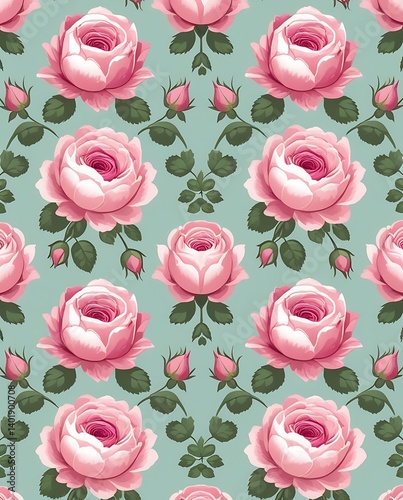 Wallpaper Mural Seamless vintage floral pattern with blooming pink roses and green leaves on a pastel blue background, perfect for wallpaper, textile, or romantic design themes

 Torontodigital.ca