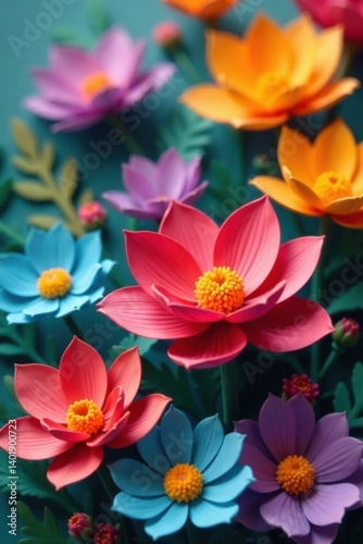 Colorful petals unfolding on a garden of intricate paper flowers, fresh, blooming, textured background