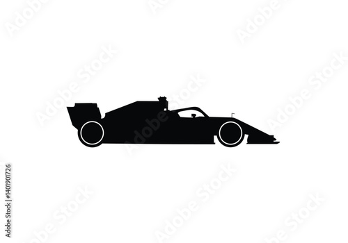 F1 car silhouette. This image features a bold black silhouette of a Formula 1 car with sleek contours, emphasizing speed and aerodynamic design. Vector black clipart illustration design.