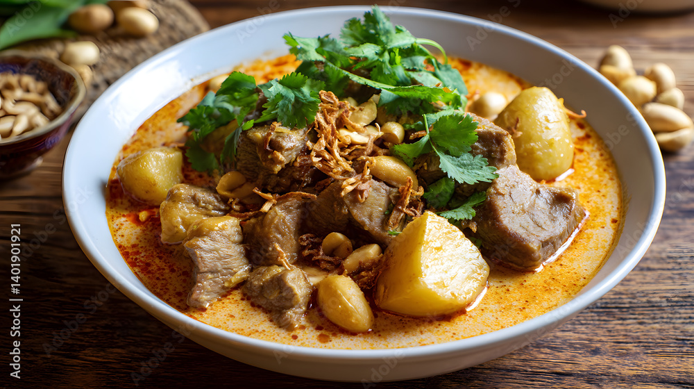 Traditional Thai Massaman Beef Curry in a Bowl with Potatoes and Fresh Herbs on a Wooden Table Traditional Thai Massaman Beef Curry in a Bowl with Potatoes and Fresh Herbs on a Wooden Table