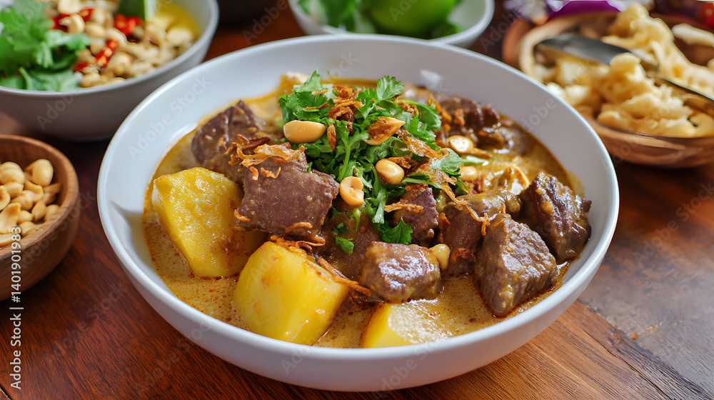 Traditional Thai Massaman Beef Curry Served in Bowl with Fresh Herbs and Accompaniments Traditional Thai Massaman Beef Curry Served in Bowl with Fresh Herbs and Accompaniments