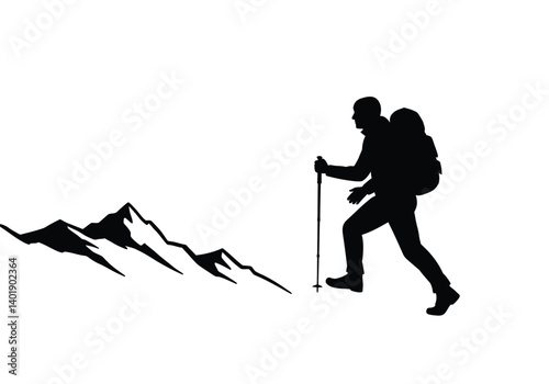 Mountain hiker silhouette. A bold black silhouette of a hiker ascending a steep mountain trail with a backpack and trekking pole. Vector black clipart illustration design.