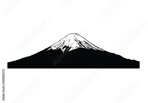 Mount fuji silhouette. This image shows a bold black silhouette of Mount Fuji with its snow-capped peak, reflecting iconic beauty. Vector black clipart illustration design.