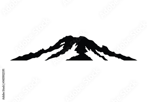 Mount Rainier silhouette. This image showcases a bold black outline of Mount Rainier with sharp peaks and rugged contours. Vector black clipart illustration design.