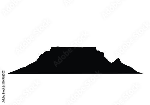 Silhouette table mountain. This image showcases a bold black outline of Table Mountain with a flat top and rugged edges, symbolizing natural beauty. Vector black clipart illustration design.