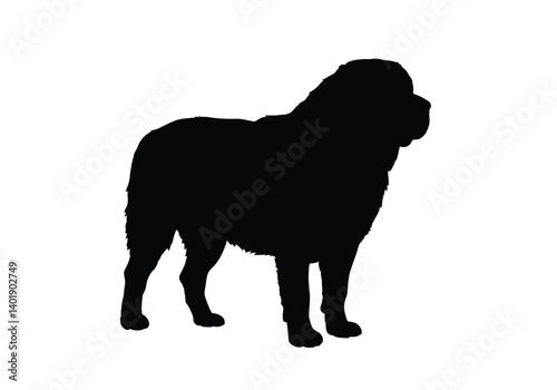 Bernese silhouette. This image highlights the silhouette of a Bernese Mountain Dog in a standing profile with solid bold lines. Vector black clipart illustration design.