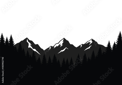 Forest mountain silhouette. This image features bold black outlines of jagged mountain peaks with a tranquil forest in the foreground. Vector black clipart illustration design.