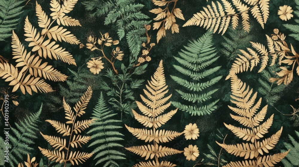 Naklejka premium Elegant arrangement of golden ferns and floral patterns on a dark green background, ideal for nature-themed designs