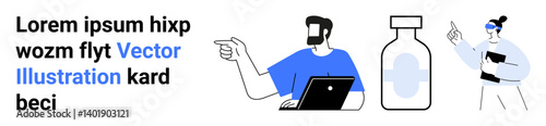 Man using a laptop gestures while a professional presents with notes. Central medical bottle. Ideal for education, healthcare, office interaction, teamwork, technology, medical contexts, flat landing