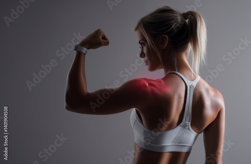 Obraz na płótnie Woman Flexing Muscle Showing Shoulder Injury with Pain Signal Overlayed w salonie