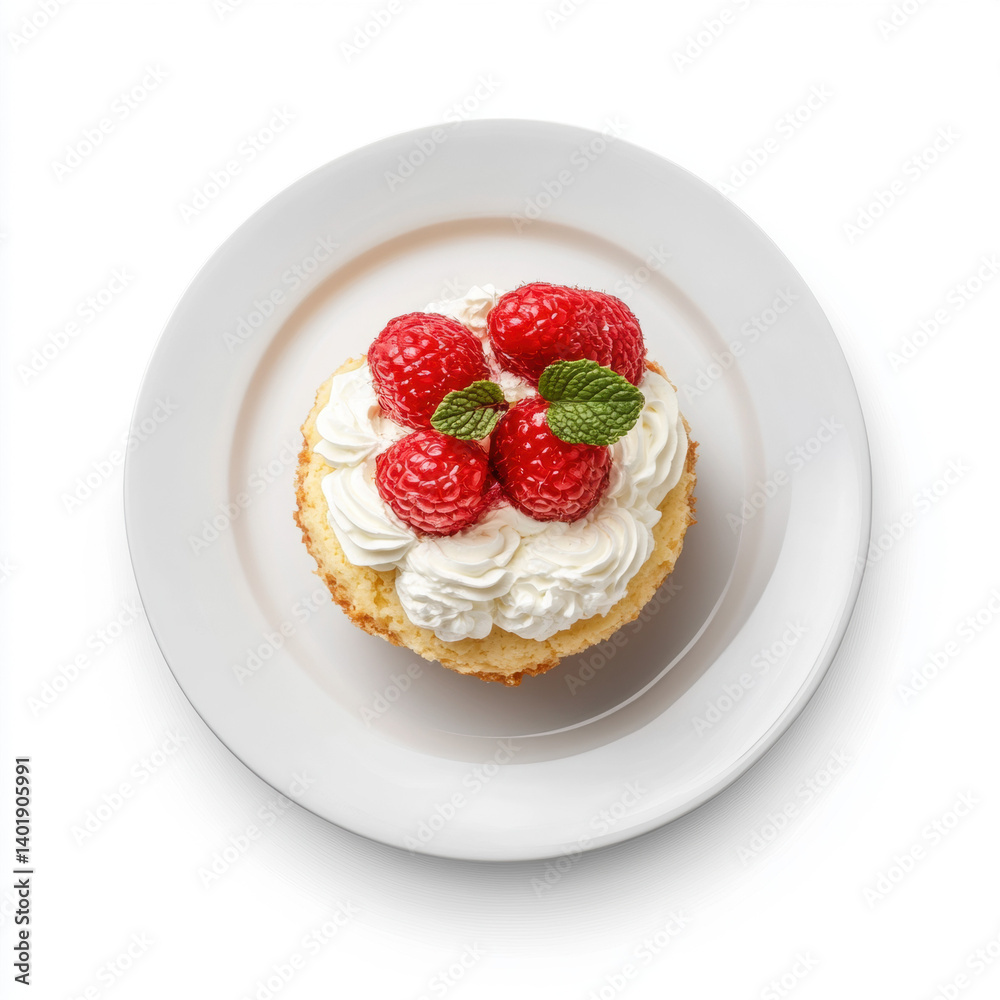 Delicious dessert with cake, waffles, and fresh strawberries topped with cream and berries on a plate Delicious dessert with cake, waffles, and fresh strawberries topped with cream and berries on a plate