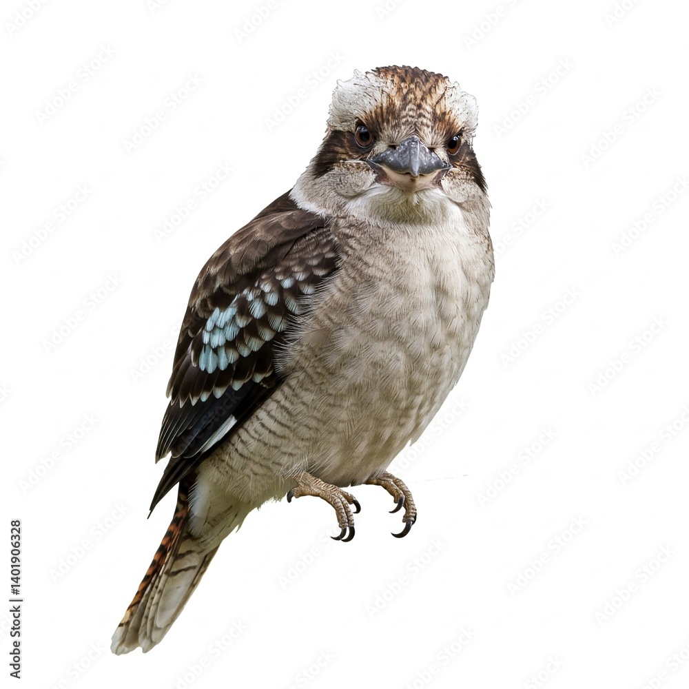 Naklejka premium Kookaburra standing on smooth white surface with full body visible in frame 