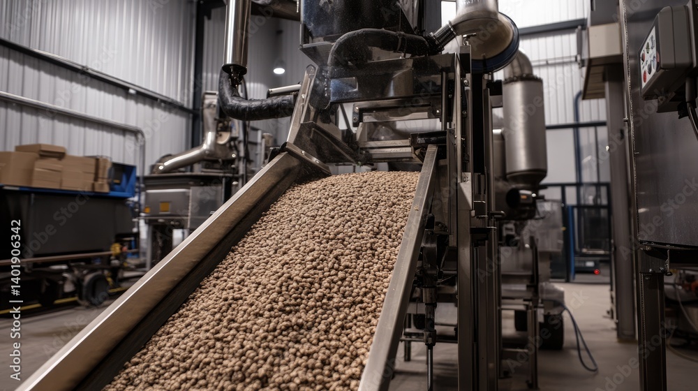 Pet food production line showing real-time analytics screen for performance monitoring