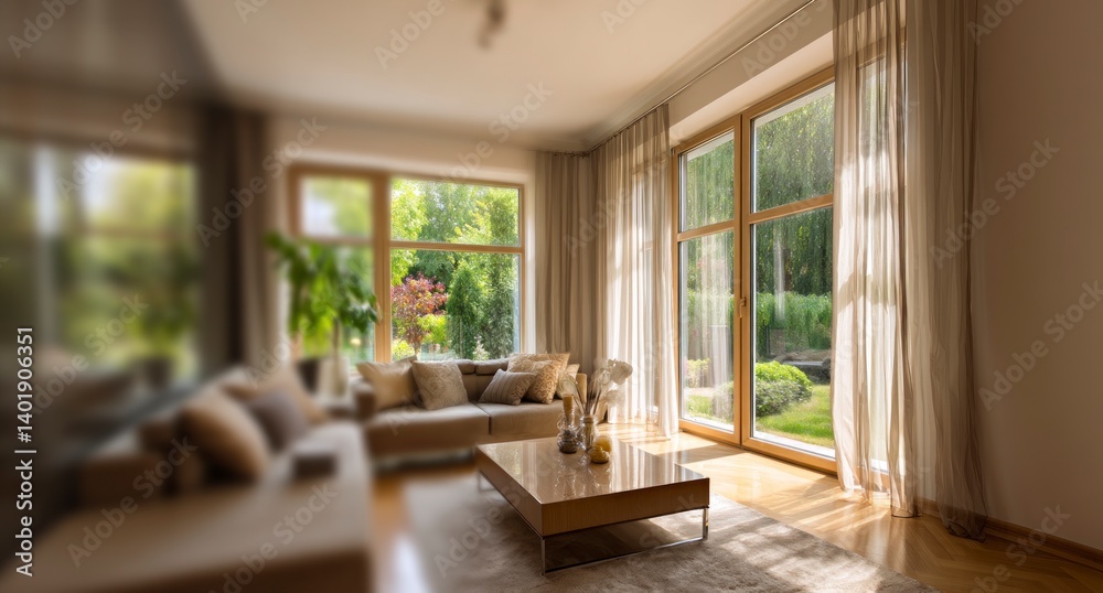 Living Room Interior with Large Windows and Garden View in Daytime Living Room Interior with Large Windows and Garden View in Daytime