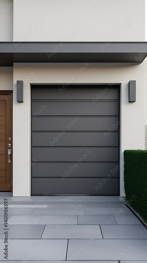 Fototapeta premium Modern residential house exterior with a sleek gray garage door, stylish wooden front door, and clean architectural design perfect for real estate and construction themes