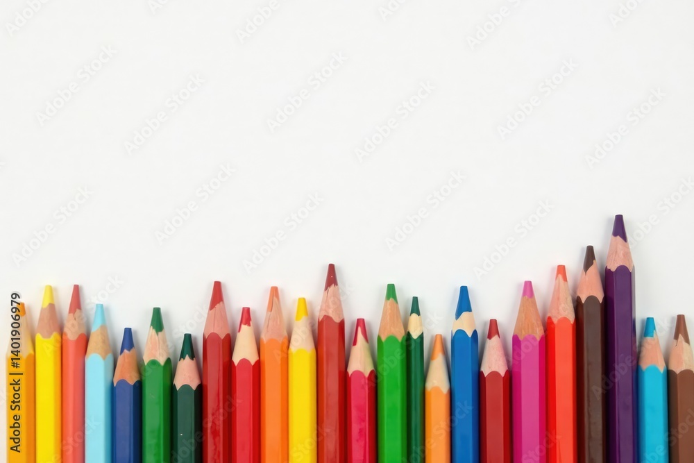Collection of various colorful pencils neatly arranged on pure white surface, orderly, colorful background Collection of various colorful pencils neatly arranged on pure white surface, orderly, colorful background