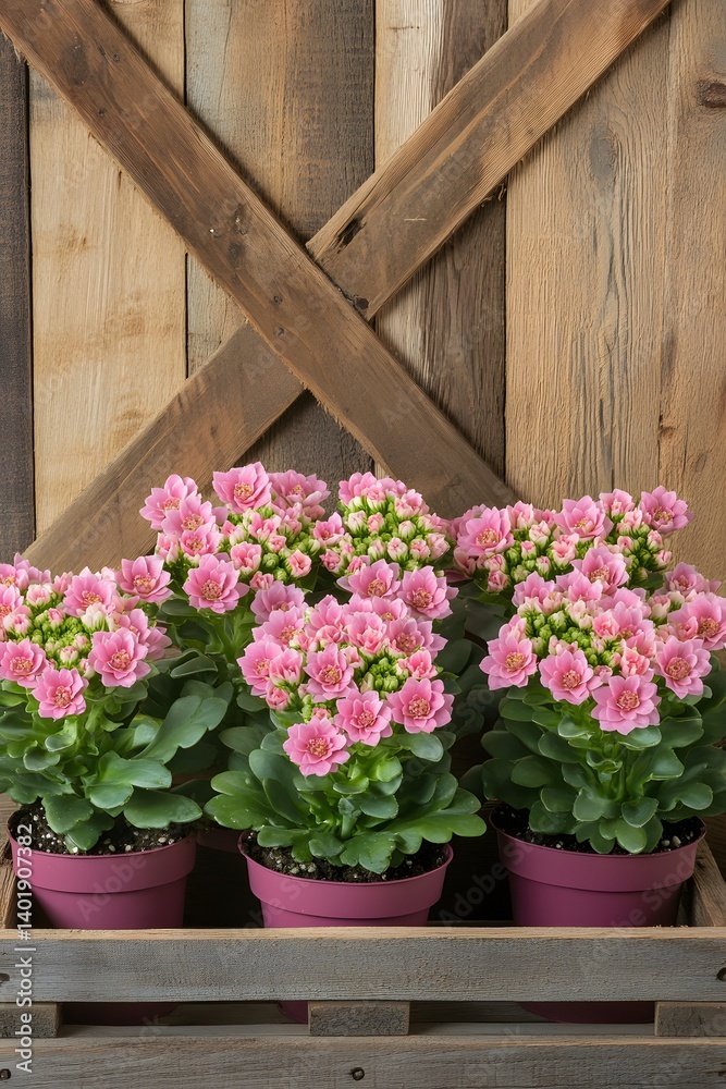 Obraz premium Pink Kalanchoe Blossoms in Rustic Wooden Crate