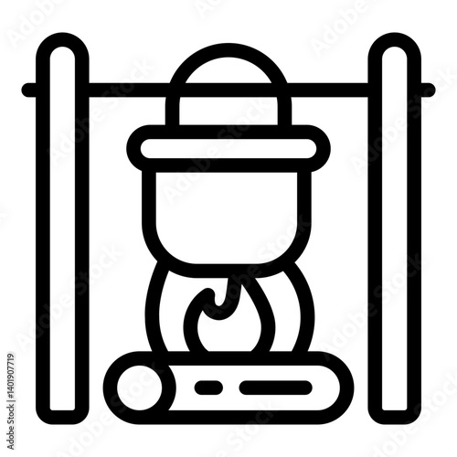 outdoor cooking outline icon with fire and hanging pot