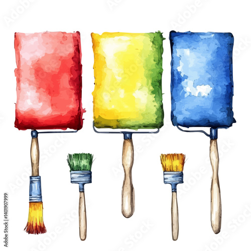 illustration of Set Of Paint Rollers And Brushes, watercolor vector, isolated on a white background.