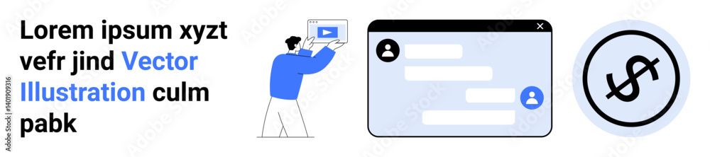 Man engaged with an online video tutorial and a chat interface, alongside a dollar sign icon. Ideal for education, finance, e-commerce, customer support, communication, digital marketing, simple Man engaged with an online video tutorial and a chat interface, alongside a dollar sign icon. Ideal for education, finance, e-commerce, customer support, communication, digital marketing, simple