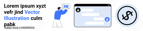 Man engaged with an online video tutorial and a chat interface, alongside a dollar sign icon. Ideal for education, finance, e-commerce, customer support, communication, digital marketing, simple